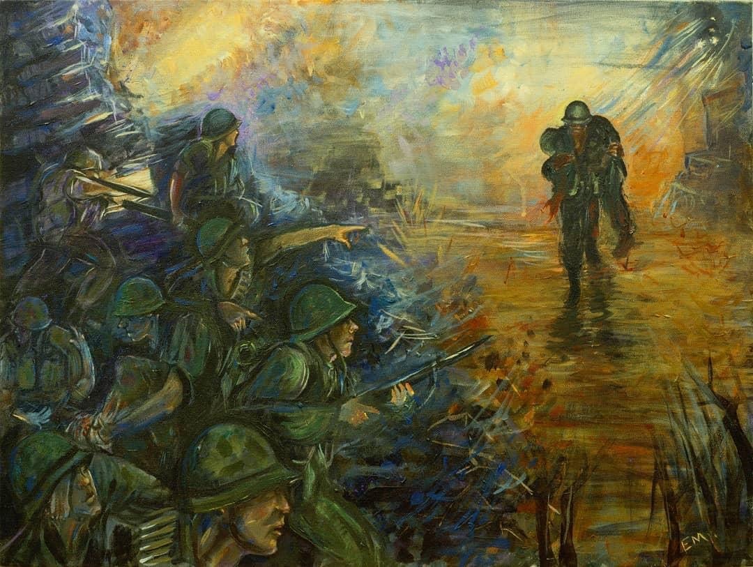 SgtMaj. John L. Canley MOH — oil painting depicting Battle of Huế City, soldier carrying wounded Marine through fire