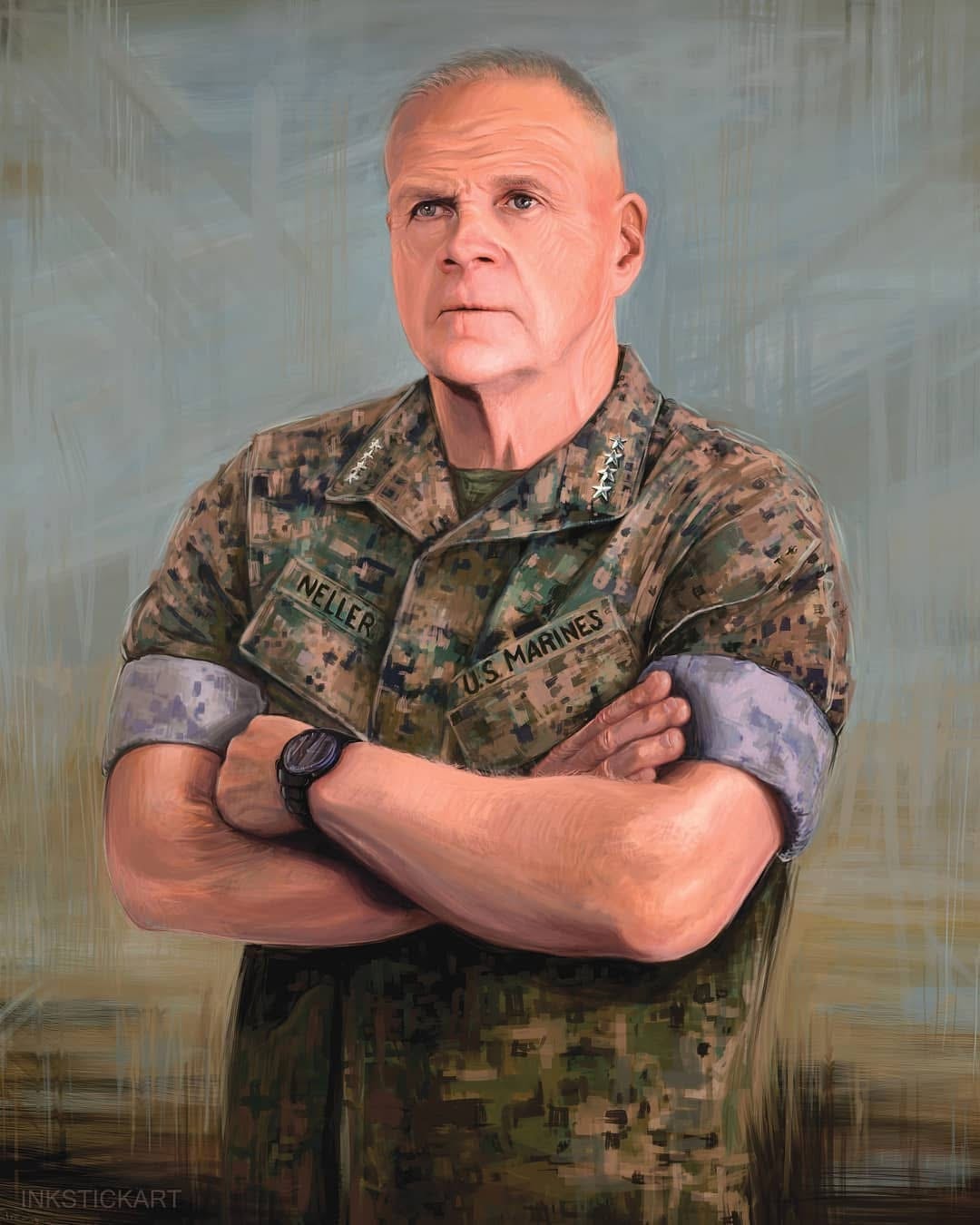 General Neller official portrait — digital painting, arms crossed in combat utility uniform