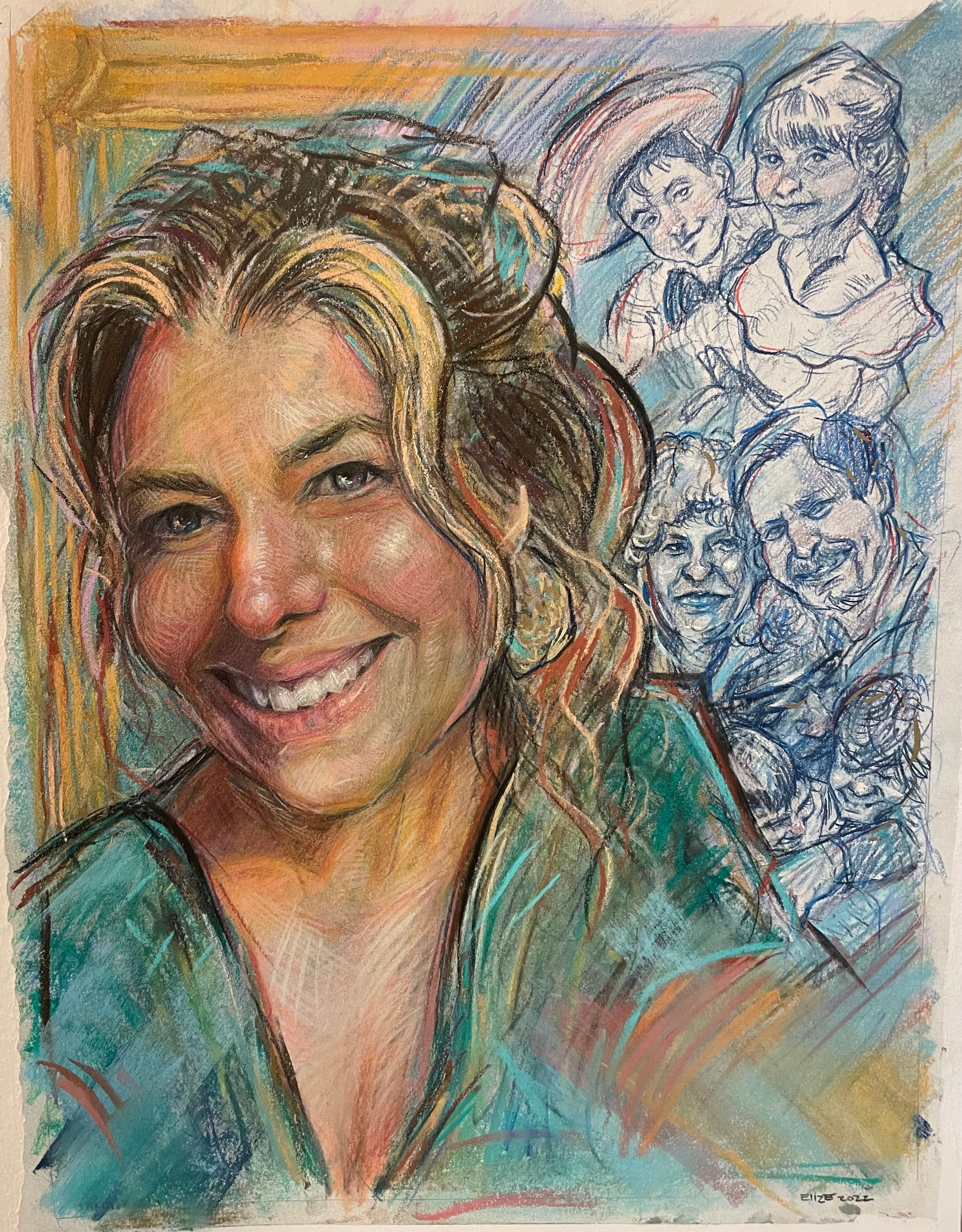 Smiling woman portrait in chalk and colored pencil with gestural figure sketches in background