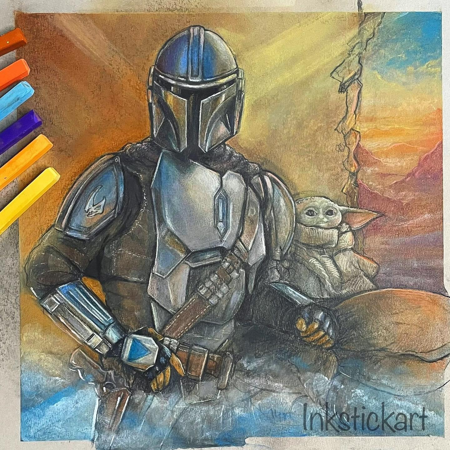 The Mandalorian and Grogu in colored pencil and pastel, desert sunset background